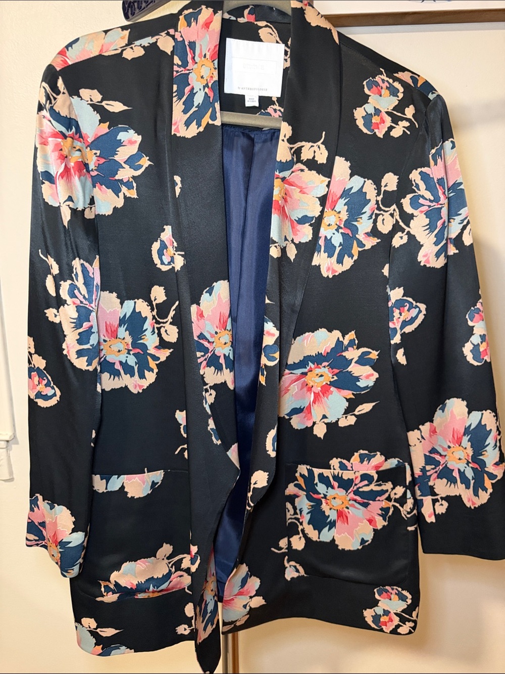 Anthropologie Black Floral Open Satin-Blend Blazer with Pink & Blue Accents